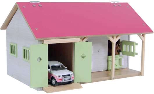 Häststall 2 st. stallboxar och garage rosa leksak Kids Globe 1:32