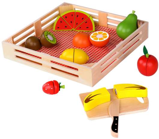 Tooky Toy Leksaksmat med delbara frukter i trälåda