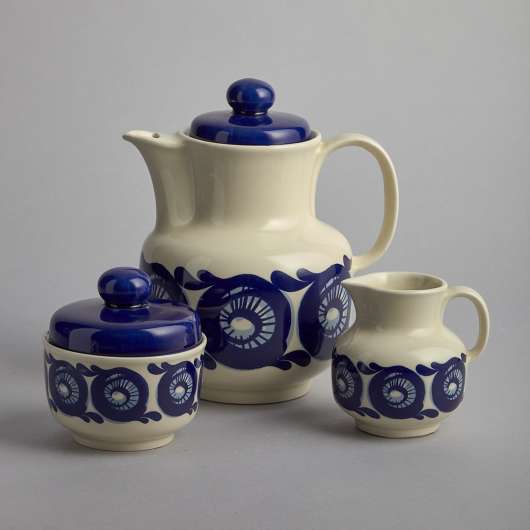 Vintage - Kaffekanna, sockerskål och gräddsnipa med blå dekor