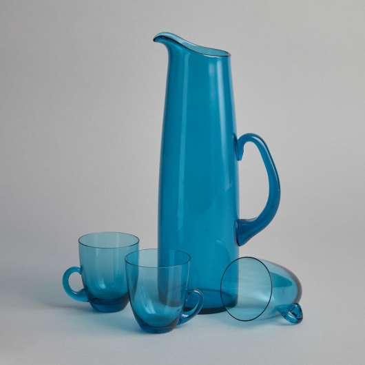 Vintage - Karaff och muggar i blått glas