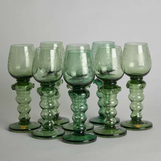 Vintage - SÅLD Gröna Remmare Glas Gullaskrufs glasbruk 8 st